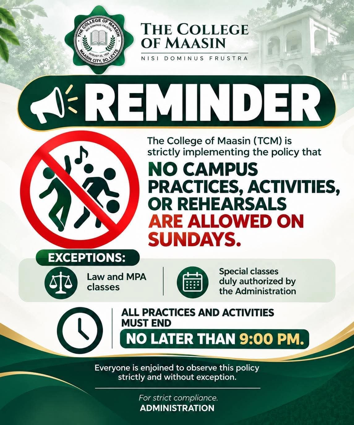 Strict Implementation of Campus Activity Guidelines and Sunday Prohibition